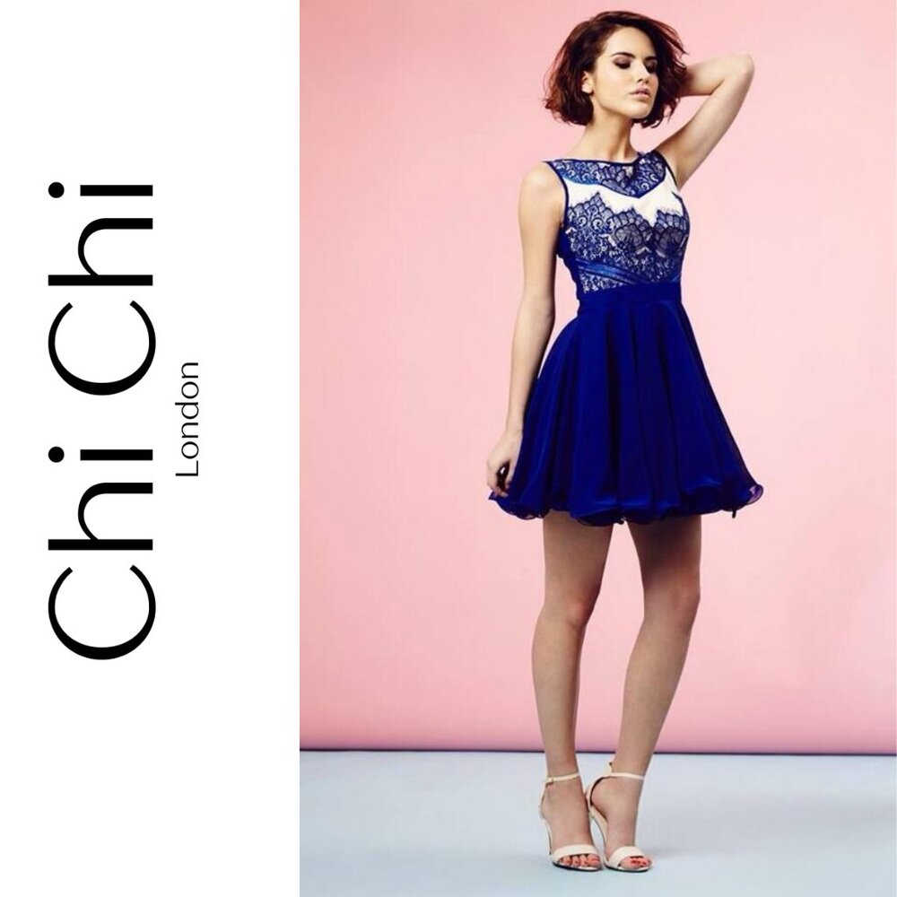 Chi Chi London Navy Lace Fit & Flare Cocktail Dress | Size 6